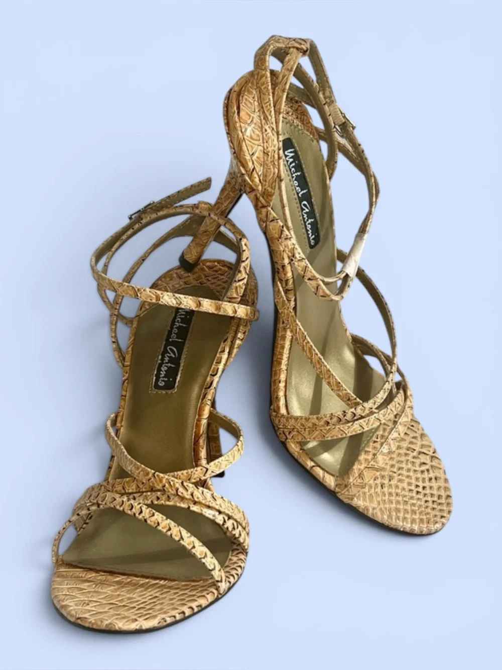 Michael Antonio Strappy Stilettos Snakeskin‎ Reptile Heeled Sandals Sz 7 NIB